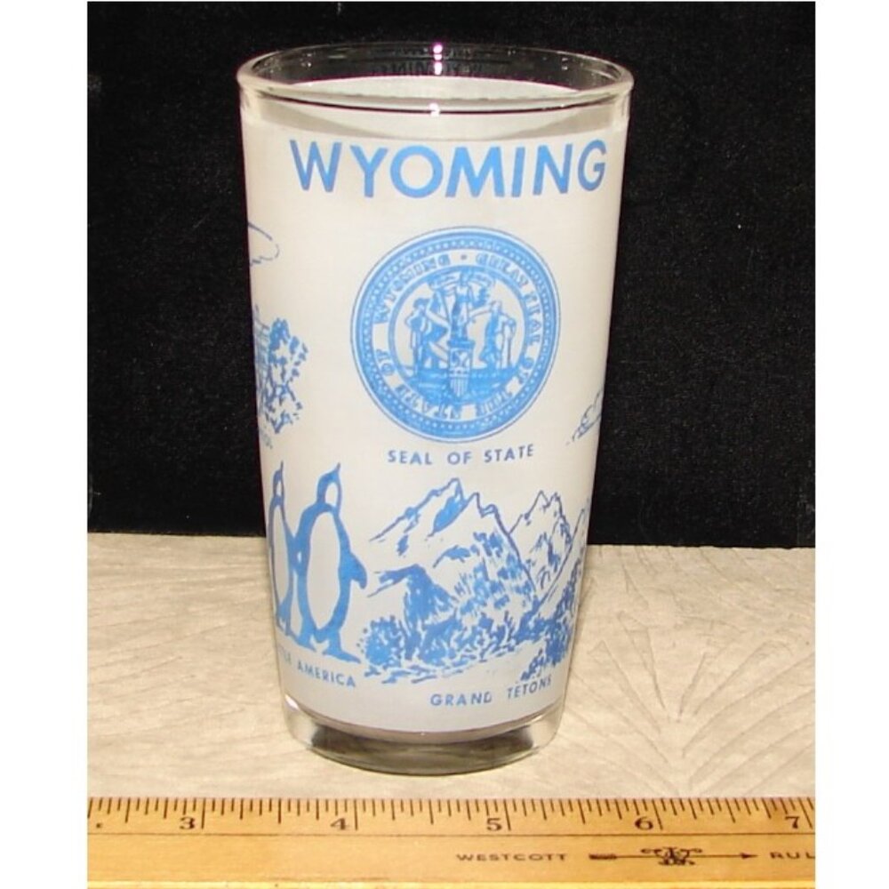 Vintage Hazel Atlas Frosted Glass Tumbler, 1950s State of WYOMING, Highlights